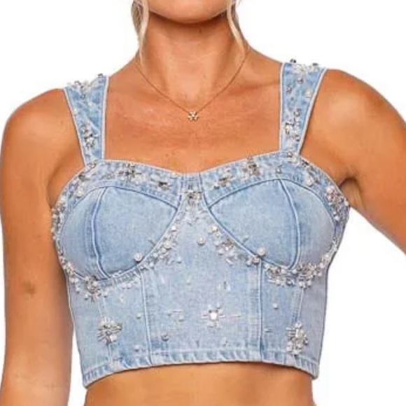 PatBo Hand-Beaded Denim Top NWT